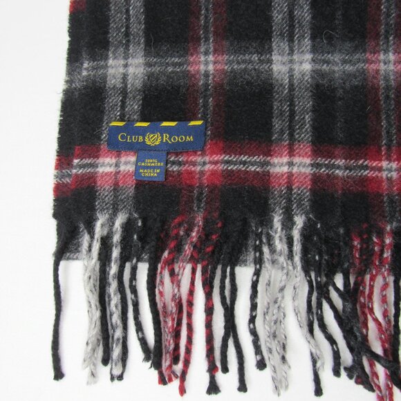 Club Room Black Red Check 100% Cashmere Scarf Fringe End - Picture 3 of 9